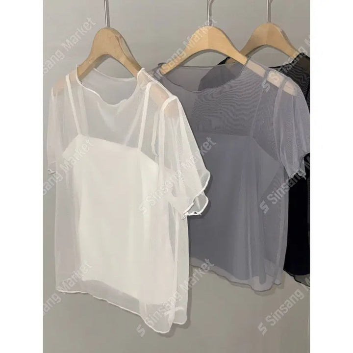 [BUNJANG] Chiffon See-through Layered Short Sleeve Blouse / 쉬폰 시스루 레이어드 반팔 블라우스 / 112
