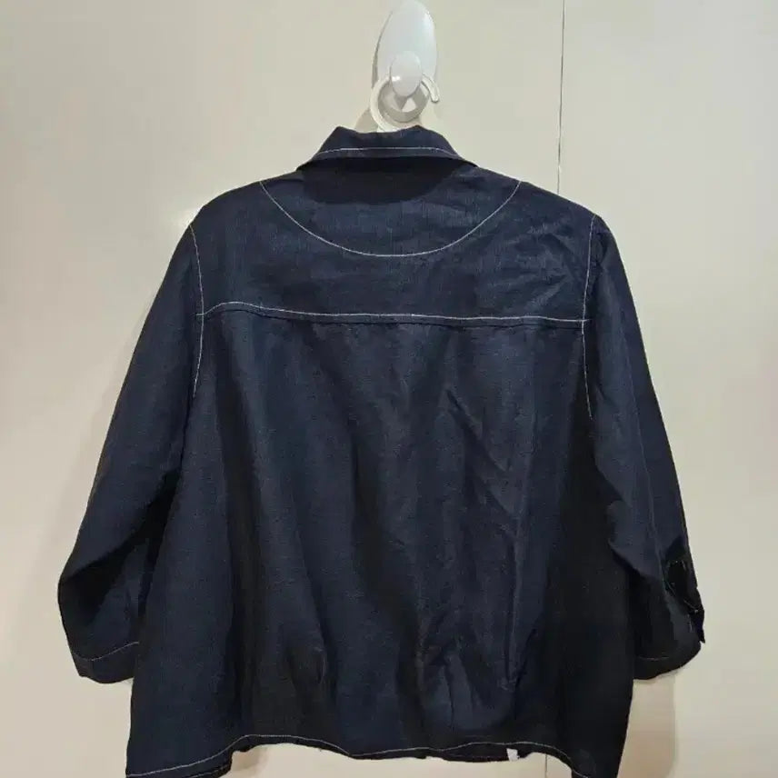 [BUNJANG] Navy Stitch 7-Sleeve Cotton Shirt / 네이비 스티치 7부 소매 면 셔츠