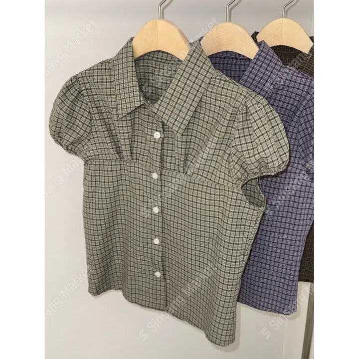 [BUNJANG] Puff Check Slim Fit Crop Shirt / 퍼프 체크 슬림핏 크롭셔츠 남방 / 119