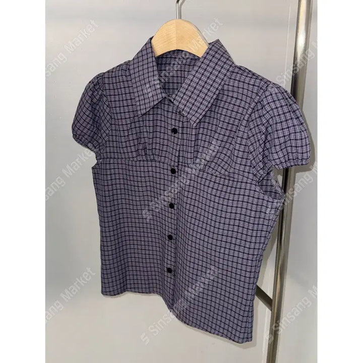 [BUNJANG] Puff Check Slim Fit Crop Shirt / 퍼프 체크 슬림핏 크롭셔츠 남방 / 119