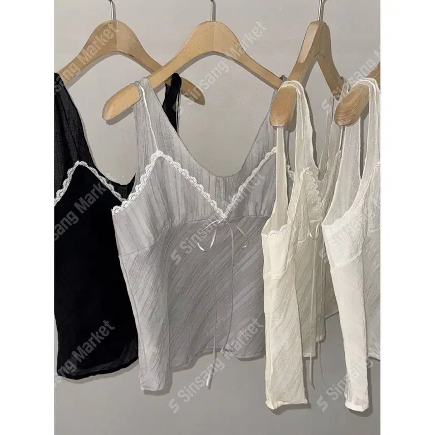 [BUNJANG] Chiffon Lace Bustier Slip Layered Cami Blouse / 쉬폰 레이스 뷔스티에 슬립 레이어드 나시 블라우스 / 126