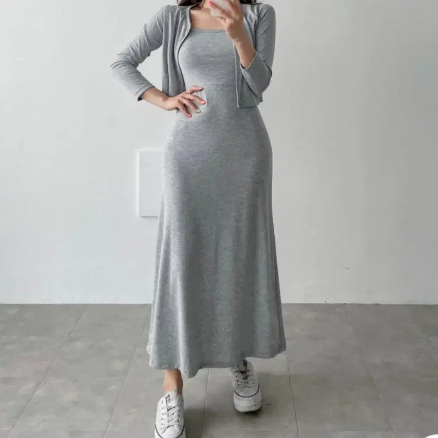 [BUNJANG] Summer Long Dress Cardigan Set Grey / 여름 롱 원피스 가디건 세트 그레이