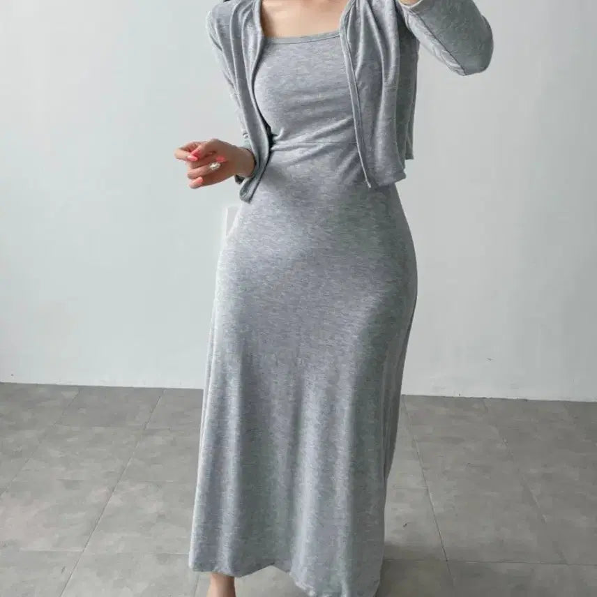 [BUNJANG] Summer Long Dress Cardigan Set Grey / 여름 롱 원피스 가디건 세트 그레이