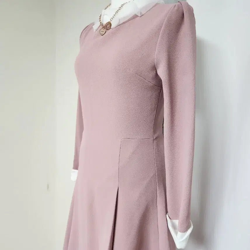 [BUNJANG] Pink Collar Pleated Long Dress / 핑크 카라넥 플리츠 롱 원피스