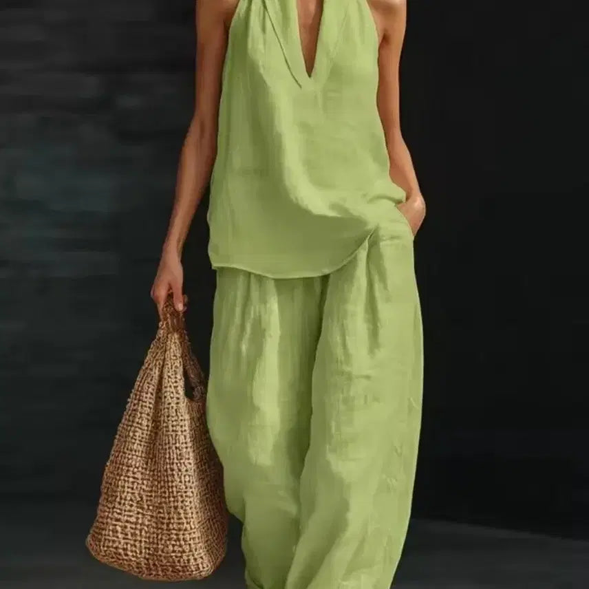 [BUNJANG] Linen Halterneck Wide Pants Set XXL / 새제품)그린 홀터넥 린넨 와이드 팬츠 세트 XXL