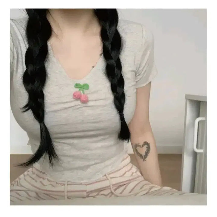 [BUNJANG] Cherry Short Sleeve Cropped T-Shirt / 체리 반팔 크롭 티셔츠