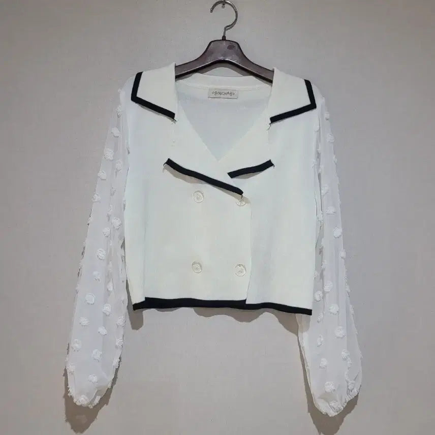 [BUNJANG] White Contrast See-Through Puff Blouse Cardigan / 화이트 배색 시스루 퍼프 블라우스 가디건
