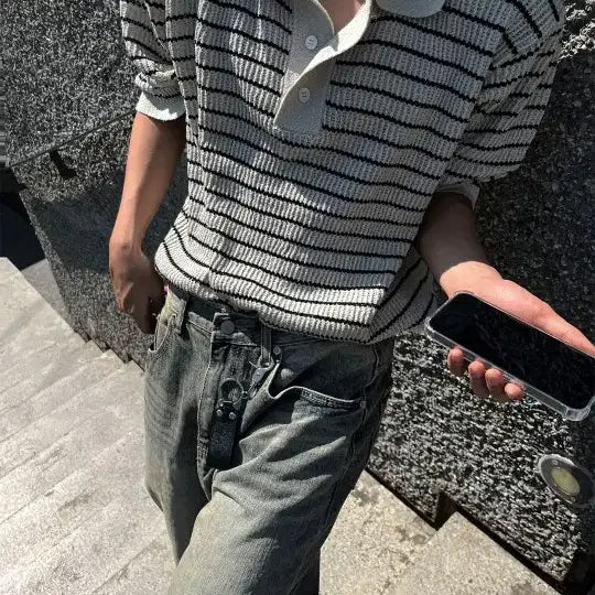 [BUNJANG] COSIHARU Leewen Stripe Collar Short Sleeve Knit / 가격제안 ㅇ 코시하루 르웬 스트라이프 카라 반팔니트