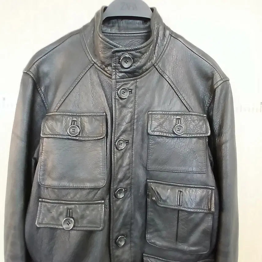 [BUNJANG] Black Leather High-Neck Pocket Jacket / 하이넥 블랙 레더 포켓 자켓 양가죽