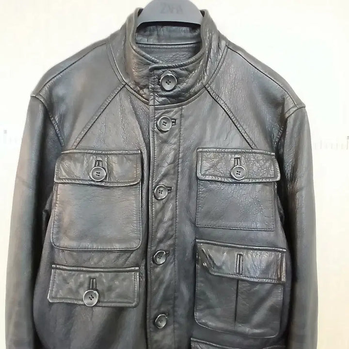 [BUNJANG] Black Leather High-Neck Pocket Jacket / 하이넥 블랙 레더 포켓 자켓 양가죽