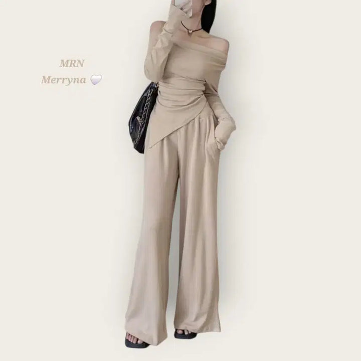 [BUNJANG] Merryna Shirring Off-Shoulder Wide Pants Set / 셔링 사선 오프숄더 와이드 팬츠 세트 3color