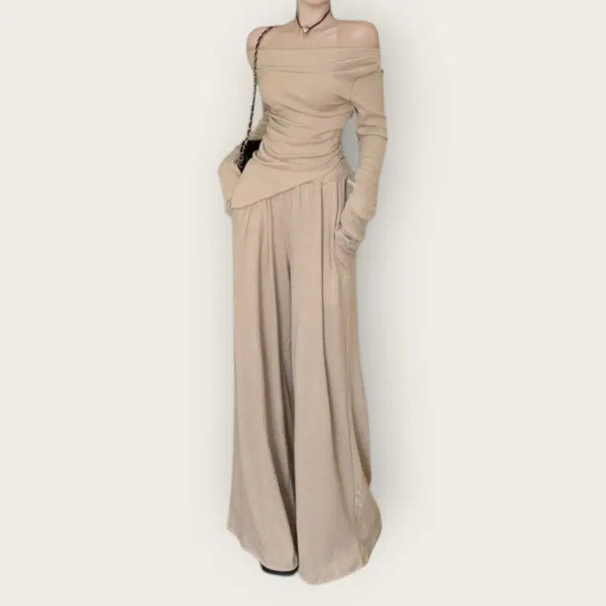 [BUNJANG] Merryna Shirring Off-Shoulder Wide Pants Set / 셔링 사선 오프숄더 와이드 팬츠 세트 3color