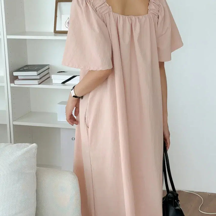 [BUNJANG] Square Neck Wing Sleeve Long Dress (Plus Size Available) / 새상품 스퀘어넥 날개 롱 원피스 빅사이즈 가능 55-77