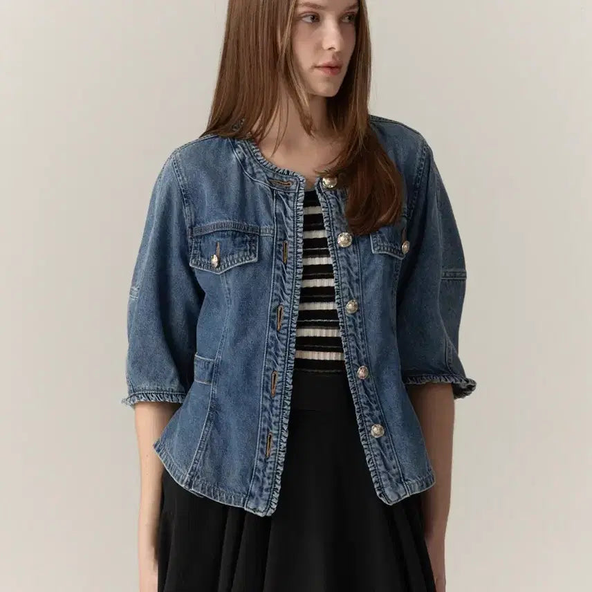 [BUNJANG] Michaa Washed Denim Jacket / 새상품)미샤 MICHAA 노카라 데님 워싱 청자켓
