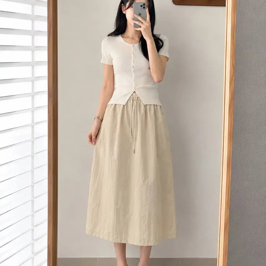 [BUNJANG] Natural Cotton String Skirt Cream Beige / 로잉 밴딩 롱스커트 크림베이지 / 내추럴 코튼 스트링 스커트