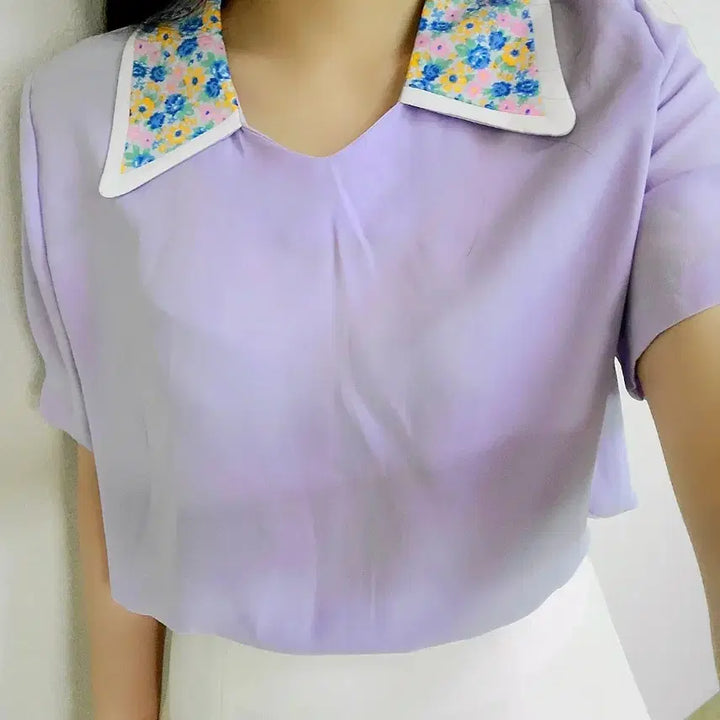 [BUNJANG] Purple Flower Collar Short-Sleeve Blouse / 퍼플 플라워 카라넥 반팔 블라우스
