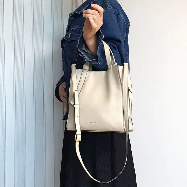 [BUNJANG] Beanpole Square Tote Bag Cross Bag Beige Leather / 빈폴 사각 토트백 크로스백 중고 가방 은피아노