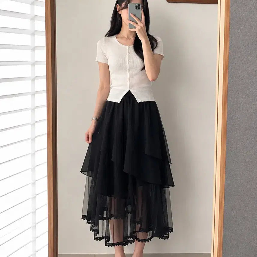 [BUNJANG] Layered Sheer Asymmetrical Ruffle Long Skirt - Black / 레이어드 샤 롱스커트 블랙/언발 캉캉 시스루 스커트/페미닌 꾸안꾸