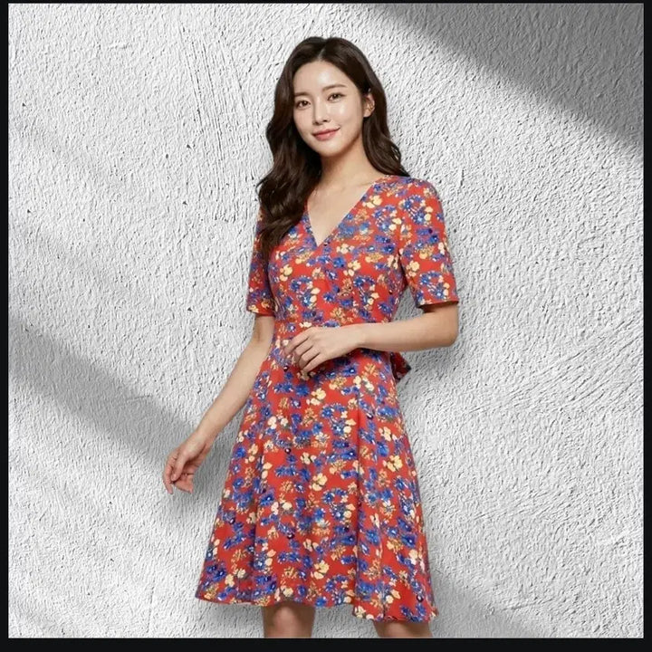[BUNJANG] Studio Wrap Flower Pattern Short Sleeve Dress / 레드 플라워 반팔 랩 원피스