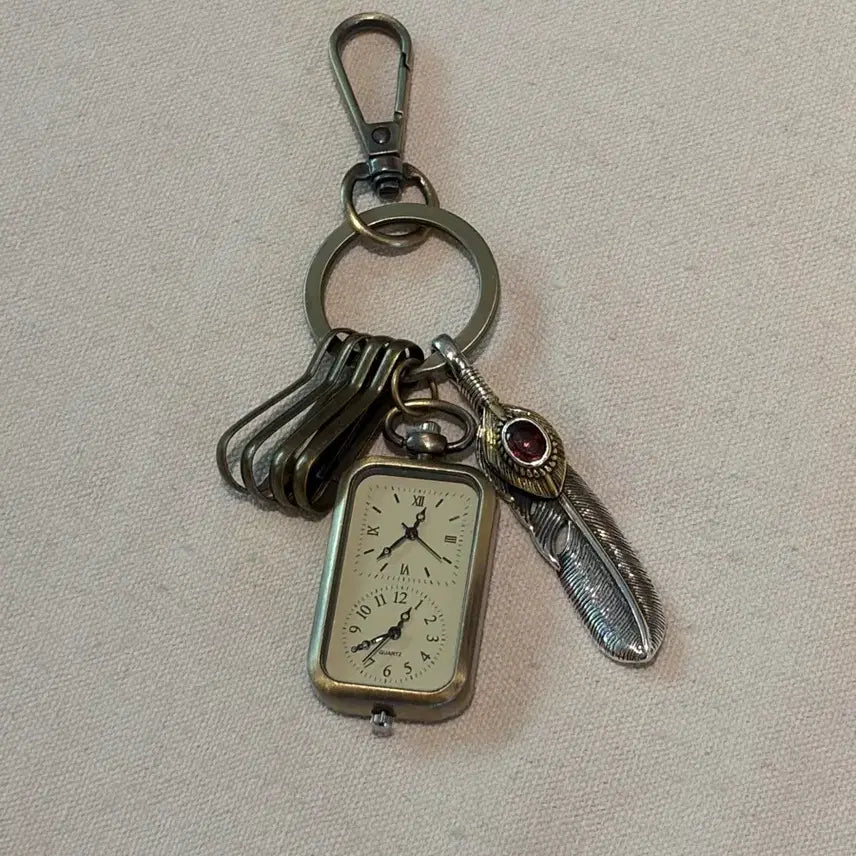 [BUNJANG] Vintage Mood Feather and Clock Pendant Keychain / Time kept in vintage mood