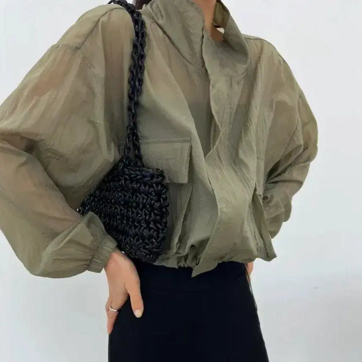 [BUNJANG] High Neck String Windbreaker Jacket (Black/Khaki) / 