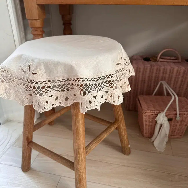 [BUNJANG] Vintage Button Lace Round Tablecloth / 빈티지 린넨 베튼 레이스 원형