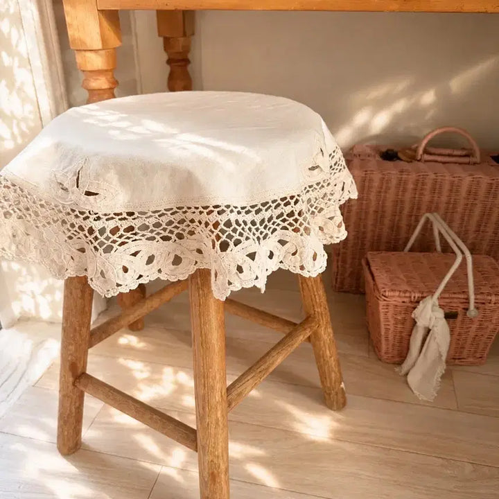 [BUNJANG] Vintage Button Lace Round Tablecloth / 빈티지 린넨 베튼 레이스 원형