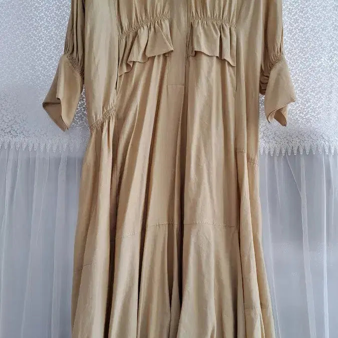 [BUNJANG] Collar Neck Long Dress - Beige / 카라넥 롱 원피스 베이지66