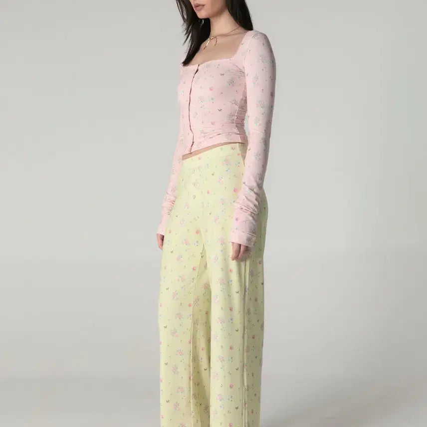 [BUNJANG] Glowny Twill Flare Pants Lime Bouquet / 글로니 트윌 플레어 팬츠 라임부케 바지