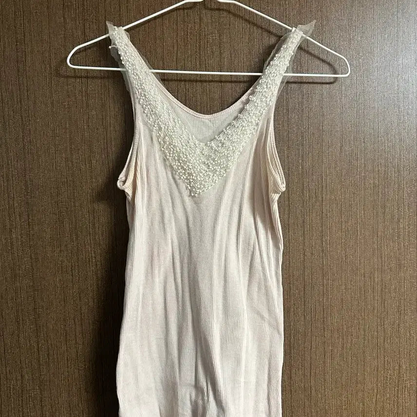 [BUNJANG] Coco Mori Vintage Pearl Ribbed Layered Cami / 코코모리 빈티지 진주 아이보리 골지 레이어드 나시