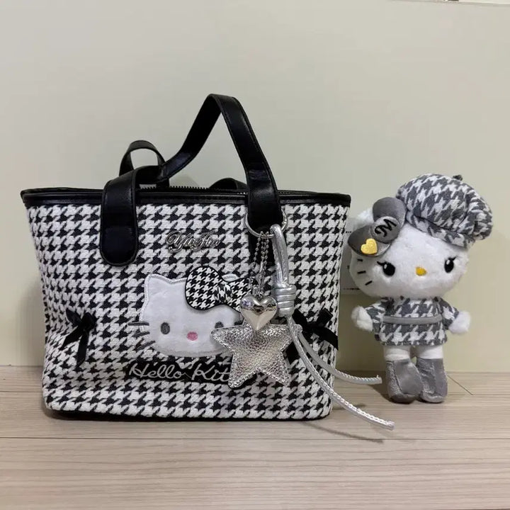 [BUNJANG] Hello Kitty Houndstooth Bag and Plush Doll Keychain Set / [일괄] 키티 하운드투스 가방 인형 키링 세트