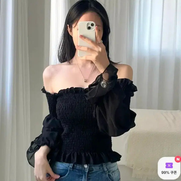 [BUNJANG] Black Smoke Banding See-through Frill Blouse / [환승연애 현지님착용] 블랙 스모크 밴딩 시스루 프릴 블라우스