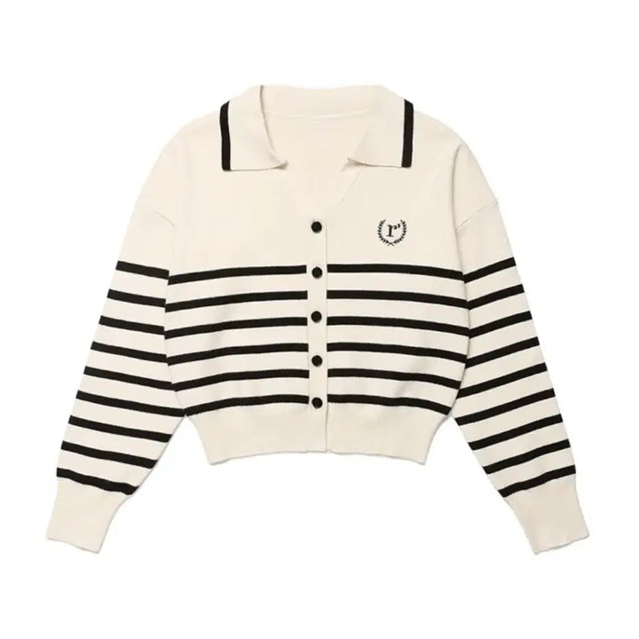 [BUNJANG] Rolleralola Ivory Stripe Collar Knit Cardigan / 로라로라 아이보리 스트라이프 카라 니트 가디건