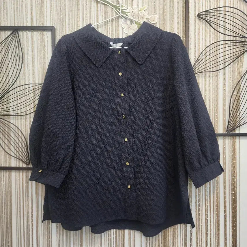 [SOLD OUT] 기비   네이비 둥근 카라 블라우스 7부 소매