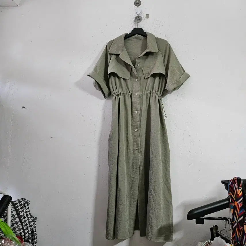 [BUNJANG] Khaki Shirt Long Dress / 카키색 셔츠형 롱 원피스