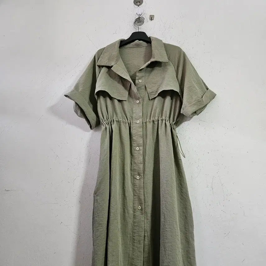 [BUNJANG] Khaki Shirt Long Dress / 카키색 셔츠형 롱 원피스