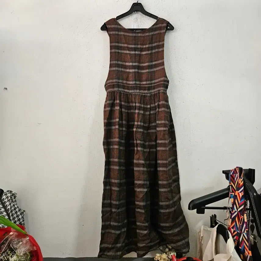 [BUNJANG] Brown Check Long Dress Vintage Style / 브라운 체크 롱 원피스 빈티지 스타일