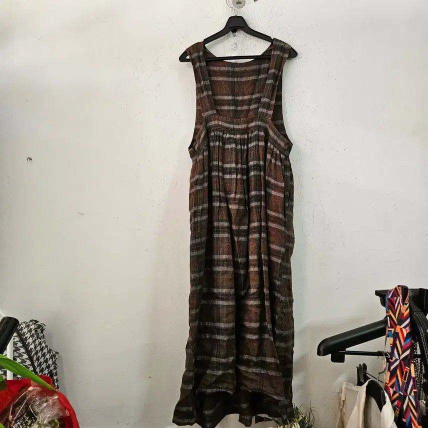 [BUNJANG] Brown Check Long Dress Vintage Style / 브라운 체크 롱 원피스 빈티지 스타일
