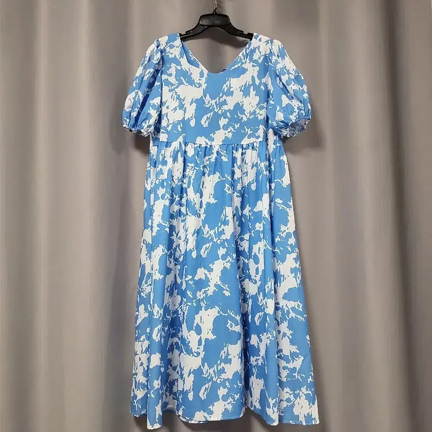 [BUNJANG] Pattern Puff Sleeve Tie-Back Dress / 뒷묶음 패턴 퍼프 원피스