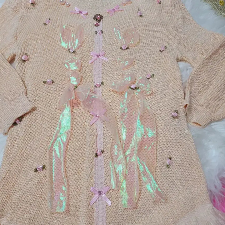 [BUNJANG] Pink Ribbon Knit Cardigan / 핑크 리본 장식 니트 가디건