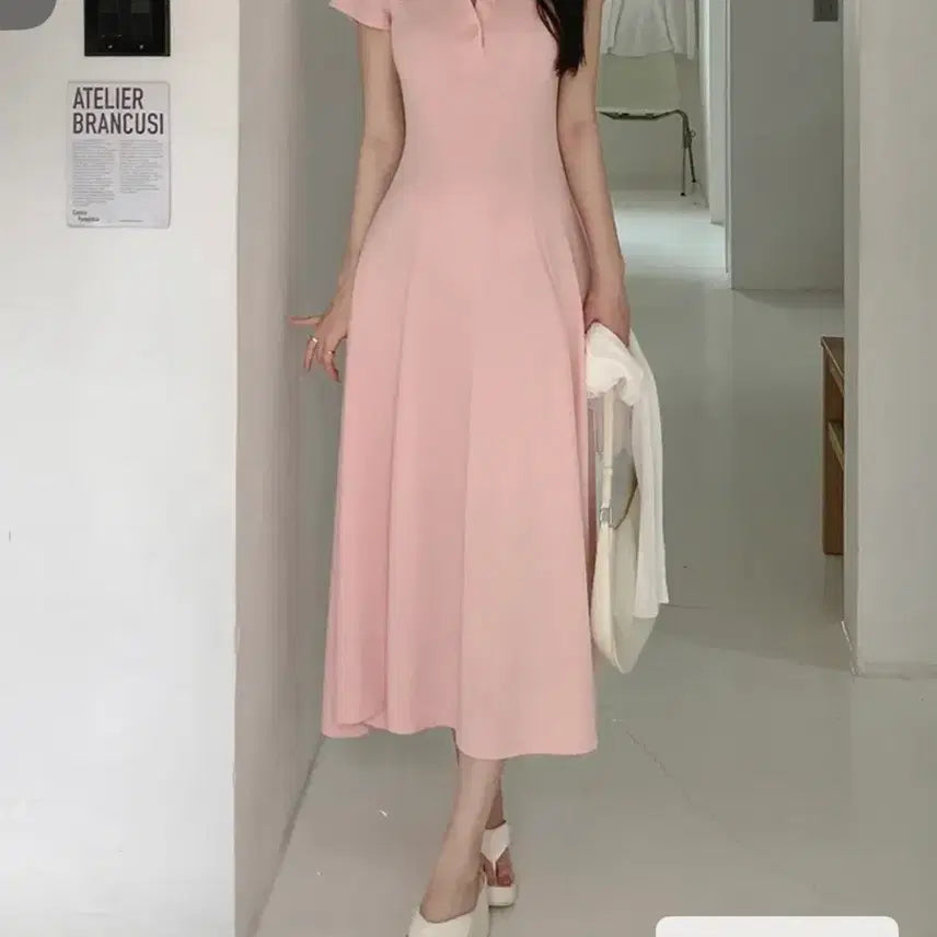 [BUNJANG] Pink Collar Long Dress / 번따룩) 청순 핑크 카라 원피스