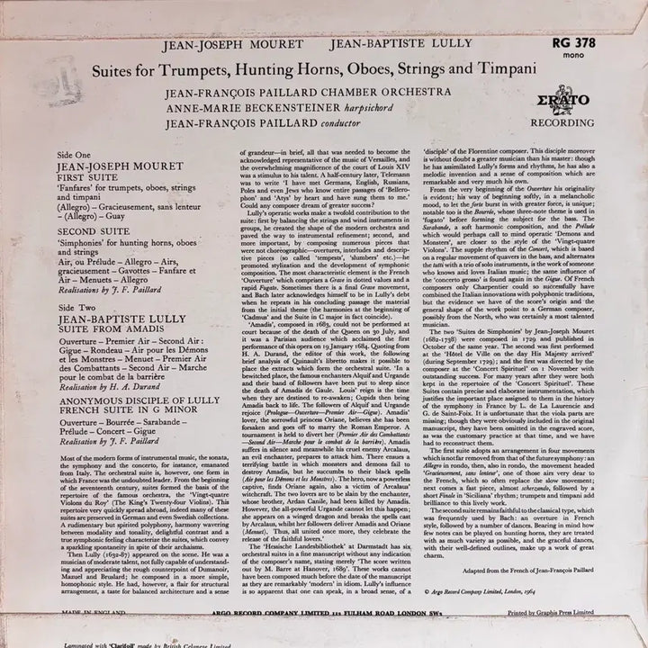 [BUNJANG] Argo Lully/Mouret Suite LP / 아르고 륄리/무레 모음곡 LP