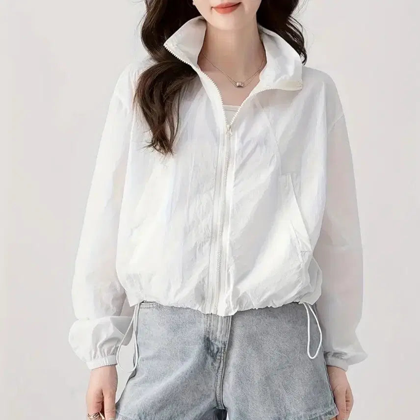 [BUNJANG] White Cropped Windbreaker Jacket (Free Size) / 화이트 크롭 바람막이 자켓.새상품