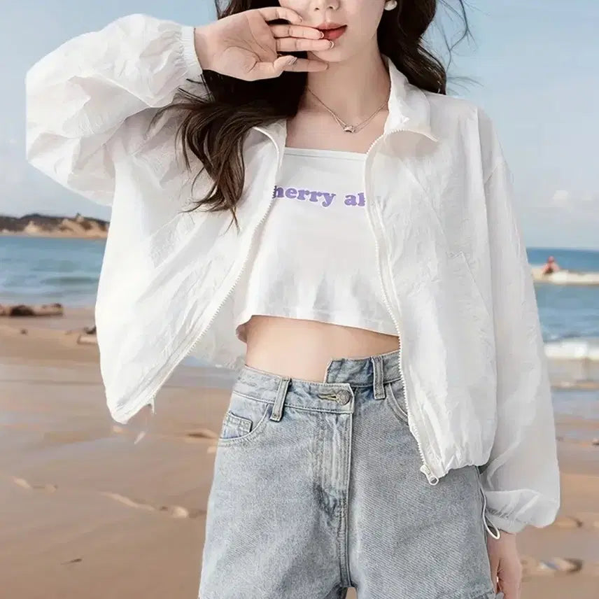 [BUNJANG] White Cropped Windbreaker Jacket (Free Size) / 화이트 크롭 바람막이 자켓.새상품