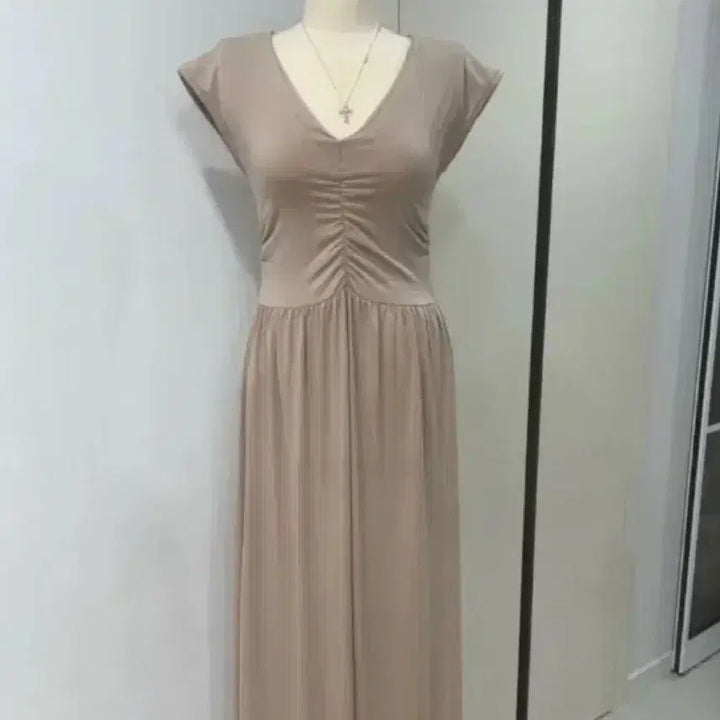 [BUNJANG] Half-Cap Shirring Long Dress - Beige / 반캡 셔링 롱원피스 베이지