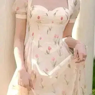 [BUNJANG] Sinsden Romantic Tulip Pattern Long Dress / 신스덴 하트넥 시스루 휴가 데이트 원피스 M