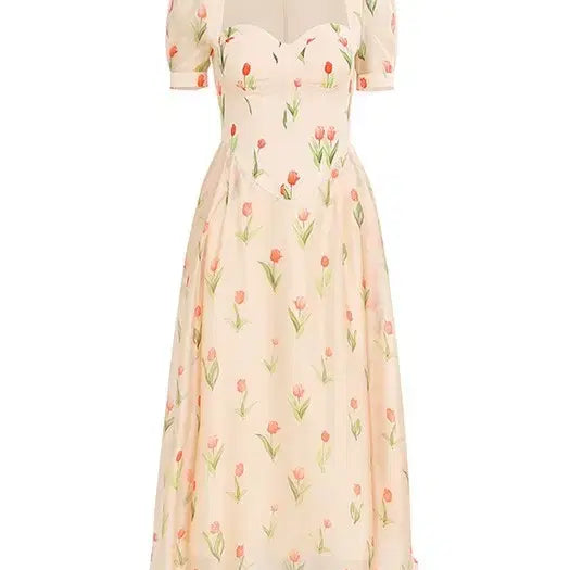 [BUNJANG] Sinsden Romantic Tulip Pattern Long Dress / 신스덴 하트넥 시스루 휴가 데이트 원피스 M