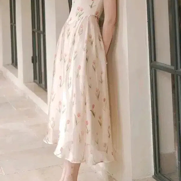 [BUNJANG] Sinsden Romantic Tulip Pattern Long Dress / 신스덴 하트넥 시스루 휴가 데이트 원피스 M