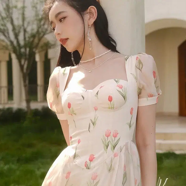 [BUNJANG] Sinsden Romantic Tulip Pattern Long Dress / 신스덴 하트넥 시스루 휴가 데이트 원피스 M