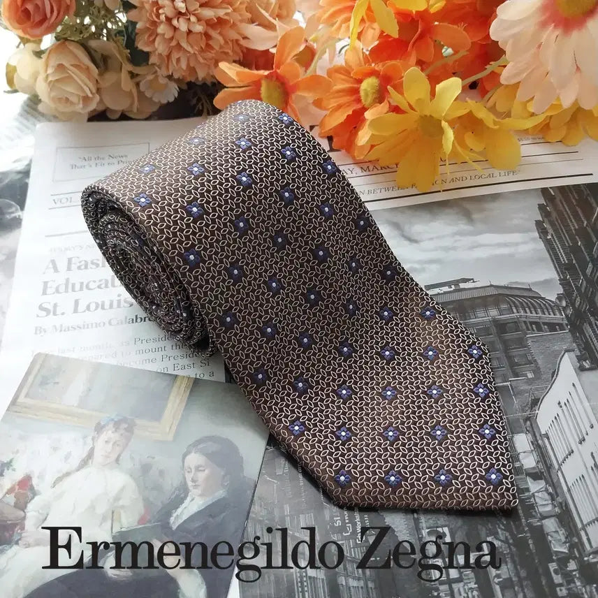 [BUNJANG] Ermenegildo Zegna Brown Geometric Pattern Silk Necktie / 에르메네질도 제냐 브라운 패턴 넥타이 8.7cm S~A+등급 K2614